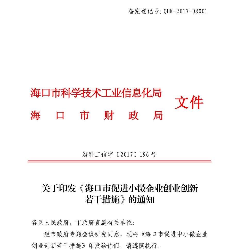 《海口市促进小微企业创业创新若干措施》海科工信字〔2017〕196号_01.jpg